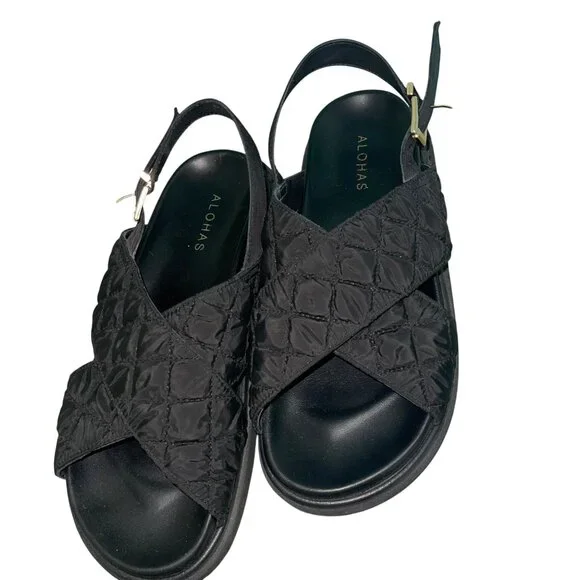 Alohas Womens Sandals Size 39 Black Marshmallow Quilted Casual Slingback - Picture 2 of 9